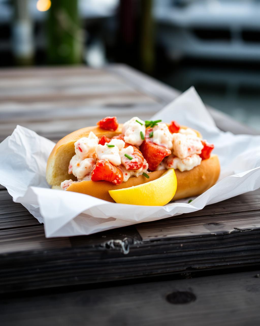 Fresh lobster roll on butcher paper with the Buoy Seafood pickup screen