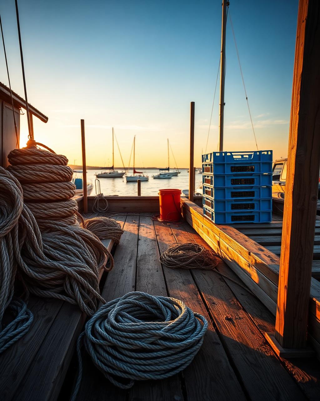 Weathered wooden dock with a Buoy Seafood daily-catch app screen