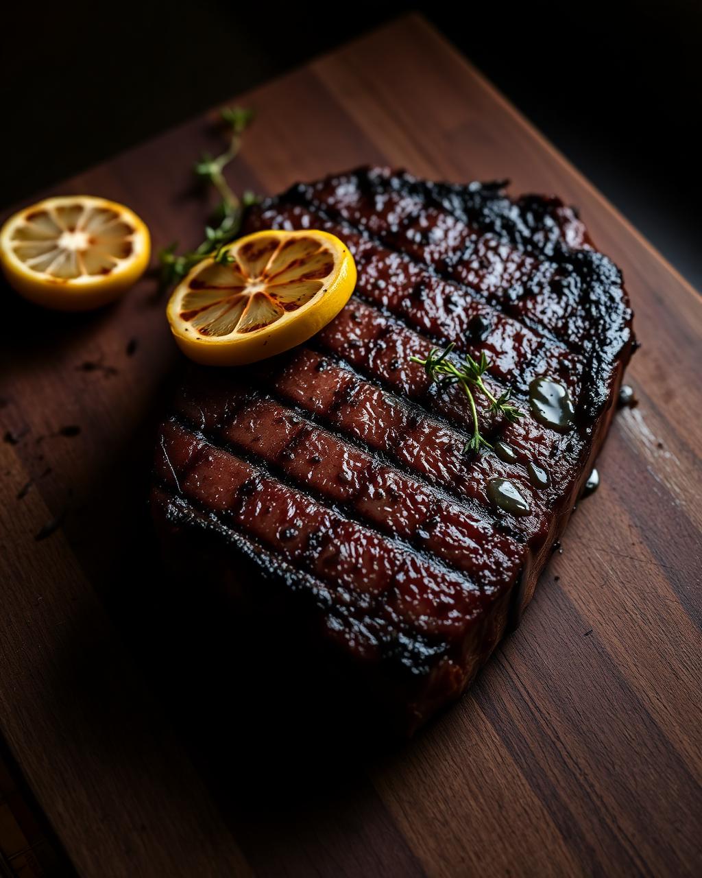 Wood-fired ribeye on a dark oak board with an Ember & Oak app screen overlay