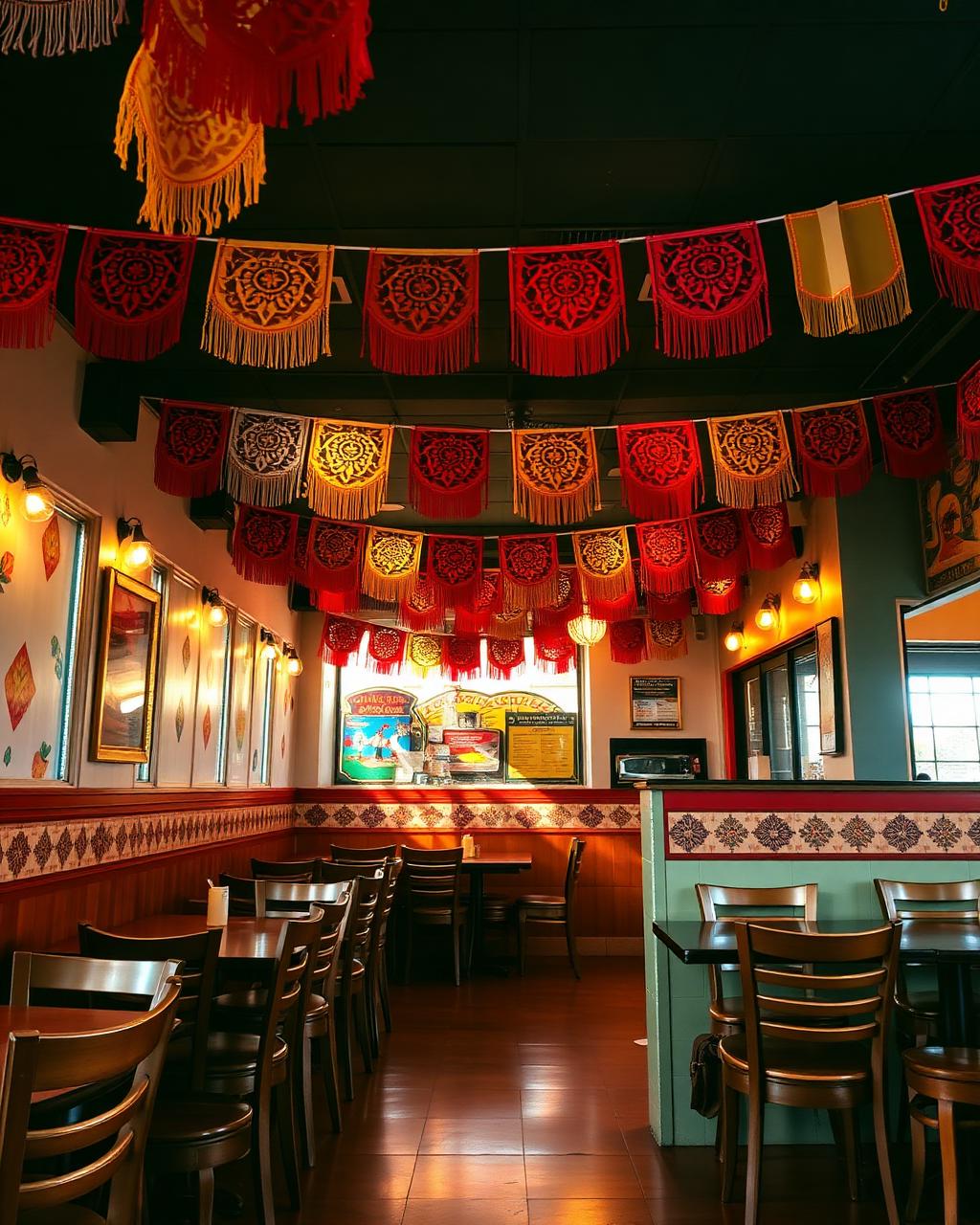 Frida's Cocina dining room with festive papel picado and the app family-meal screen