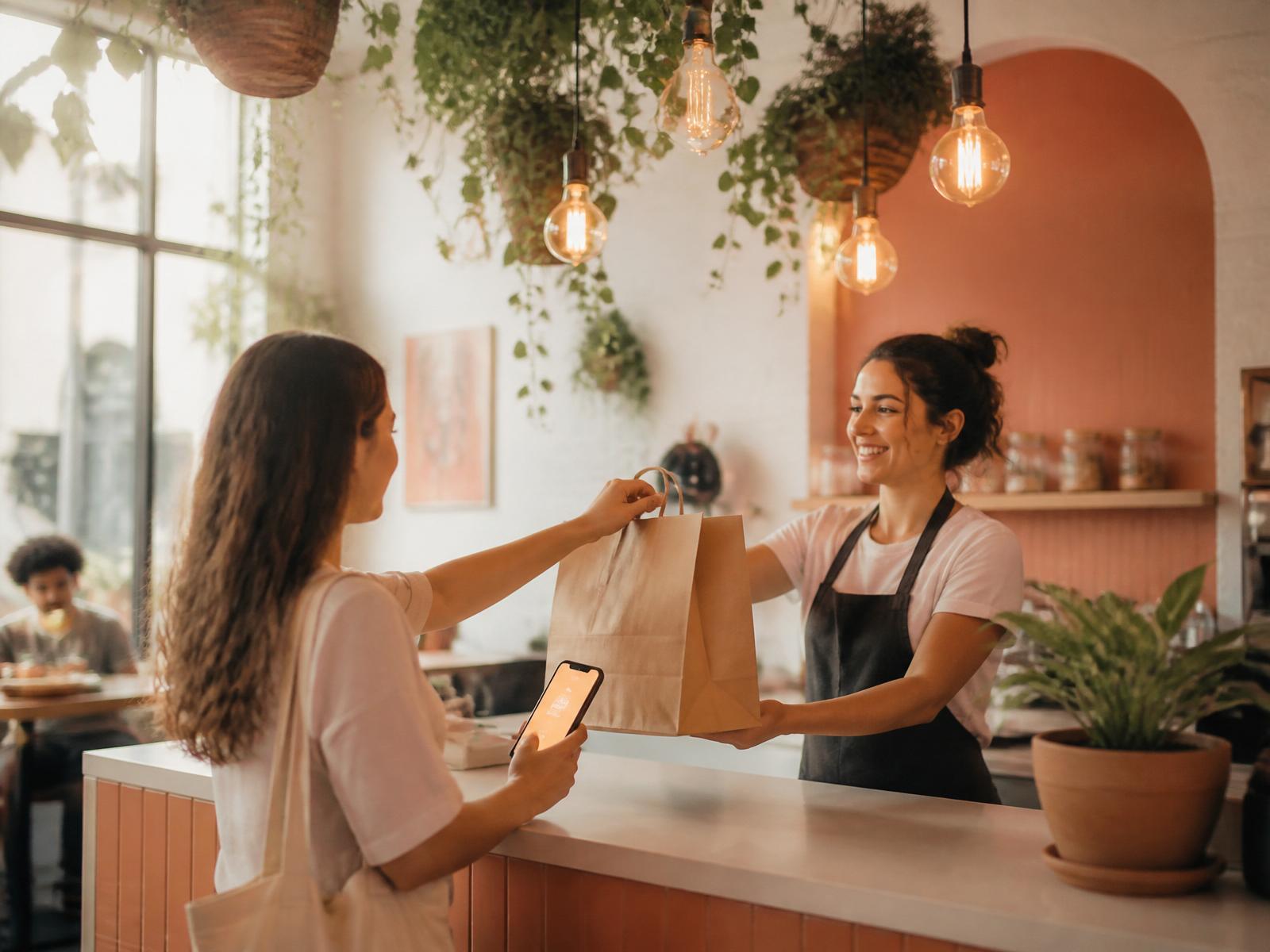 A customer at a bright café counter receiving a takeout bag, phone in the other hand glowing with an order-ready screen.