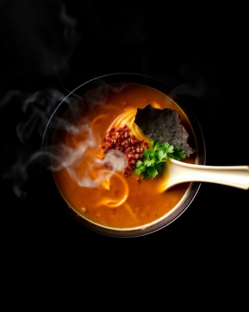 Overhead of tonkotsu ramen bowl with the Kanpai app pickup screen alongside