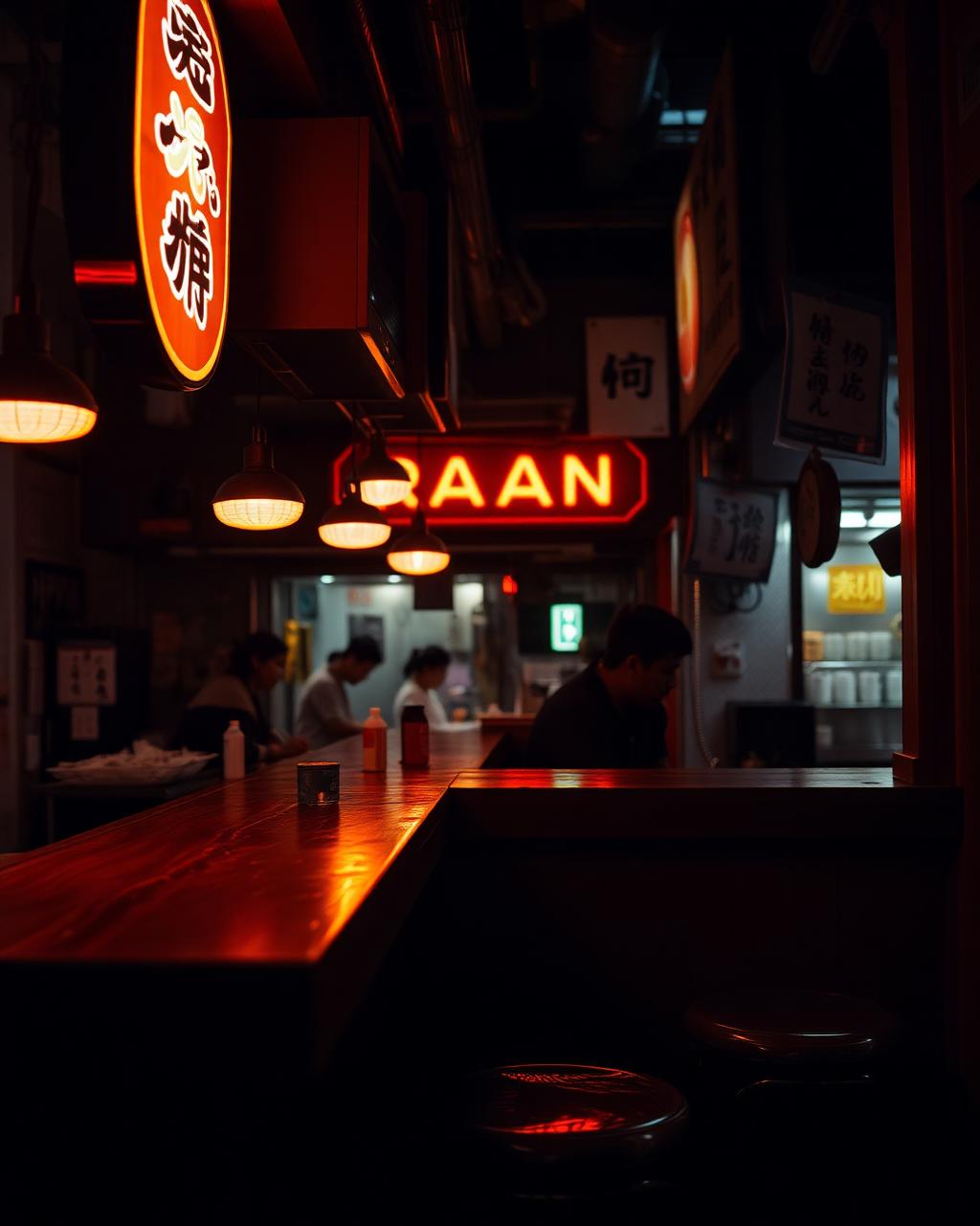 Neon-lit ramen counter with Kanpai app loyalty screen visible