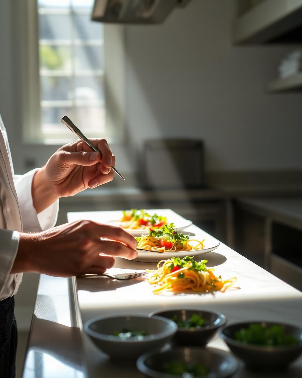 Chef plating vegetables and a Loam & Larder ingredient-provenance app view