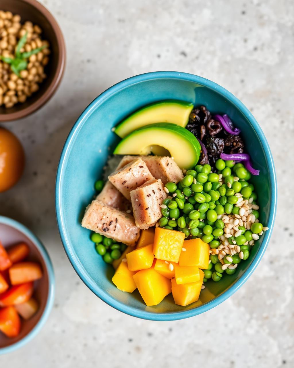 Colorful poke bowl with the Poke Atlas builder step on a phone